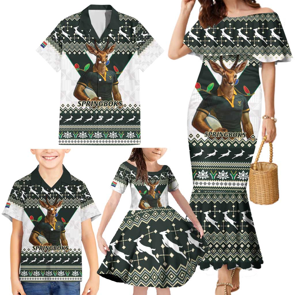 South Africa Christmas Rugby Family Matching Mermaid Dress and Hawaiian Shirt Springboks Mascot Mix African Pattern - Wonder Print Shop