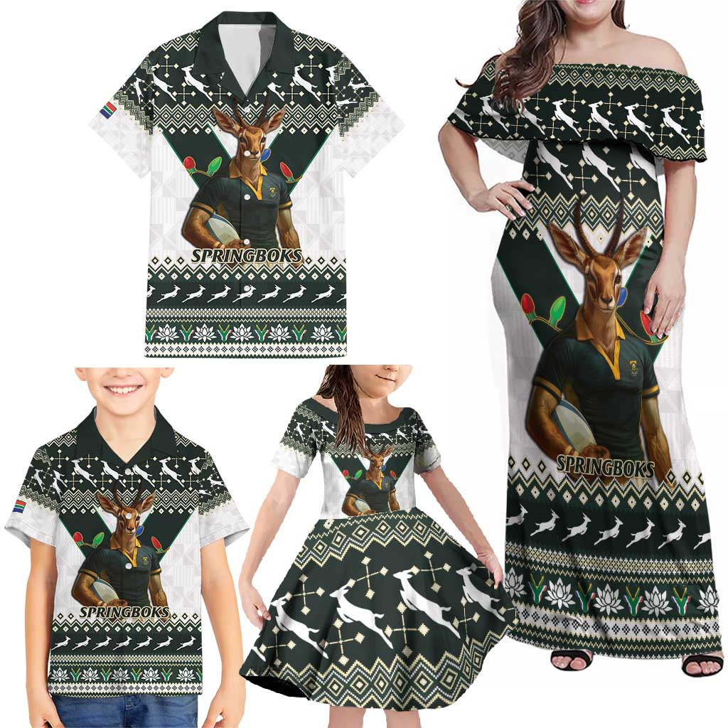 South Africa Christmas Rugby Family Matching Off Shoulder Maxi Dress and Hawaiian Shirt Springboks Mascot Mix African Pattern - Wonder Print Shop