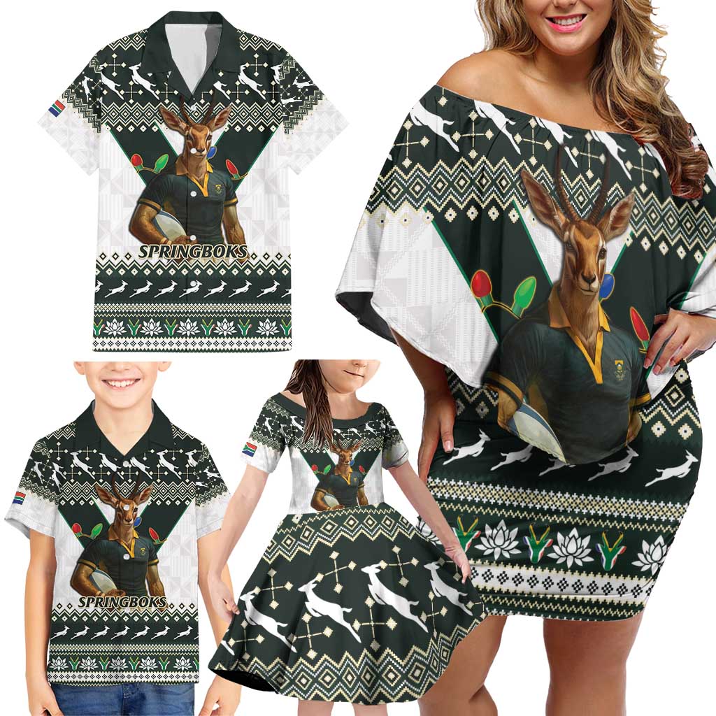 South Africa Christmas Rugby Family Matching Off Shoulder Short Dress and Hawaiian Shirt Springboks Mascot Mix African Pattern - Wonder Print Shop