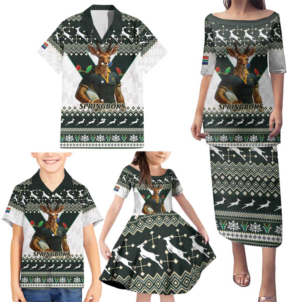 South Africa Christmas Rugby Family Matching Puletasi and Hawaiian Shirt Springboks Mascot Mix African Pattern - Wonder Print Shop