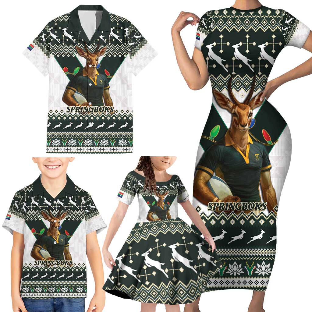 South Africa Christmas Rugby Family Matching Short Sleeve Bodycon Dress and Hawaiian Shirt Springboks Mascot Mix African Pattern - Wonder Print Shop