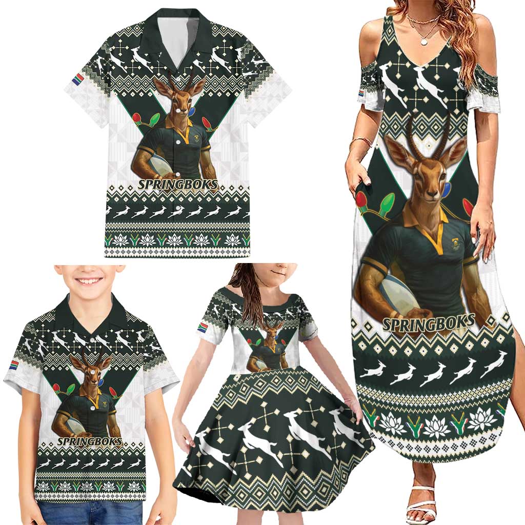 South Africa Christmas Rugby Family Matching Summer Maxi Dress and Hawaiian Shirt Springboks Mascot Mix African Pattern - Wonder Print Shop