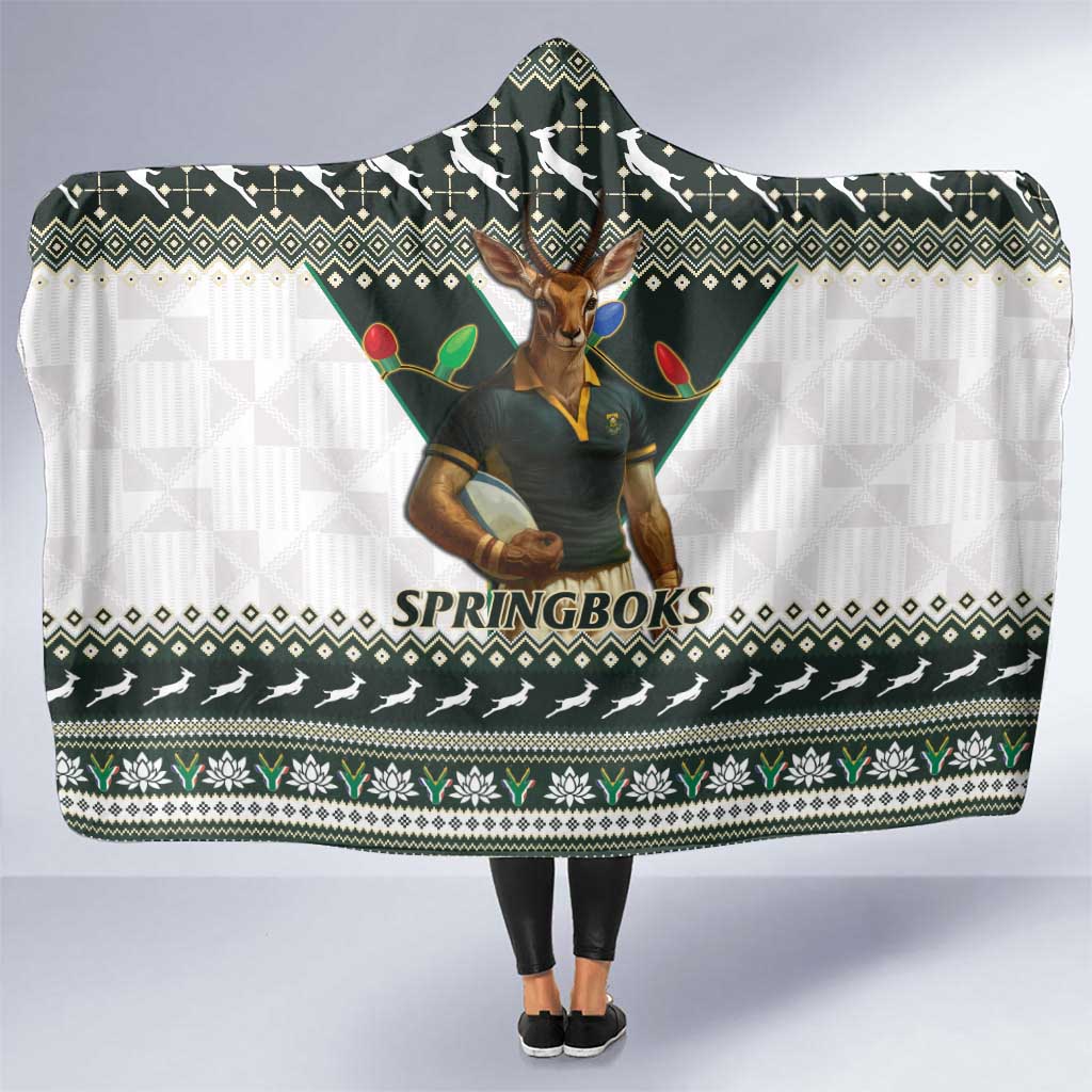 South Africa Christmas Rugby Hooded Blanket Springboks Mascot Mix African Pattern