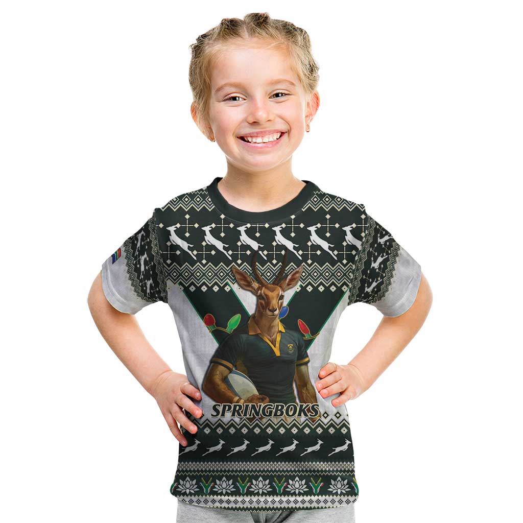 South Africa Christmas Rugby Kid T Shirt Springboks Mascot Mix African Pattern - Wonder Print Shop