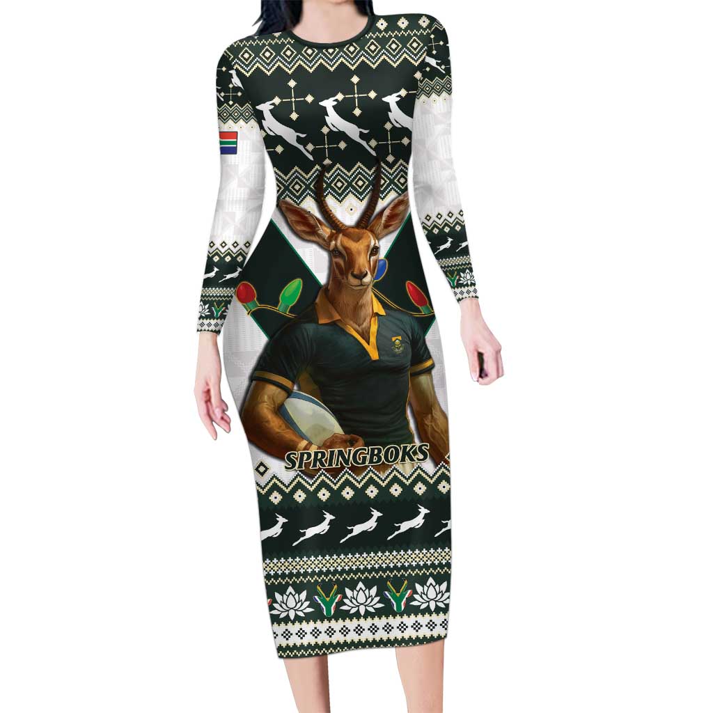 South Africa Christmas Rugby Long Sleeve Bodycon Dress Springboks Mascot Mix African Pattern - Wonder Print Shop