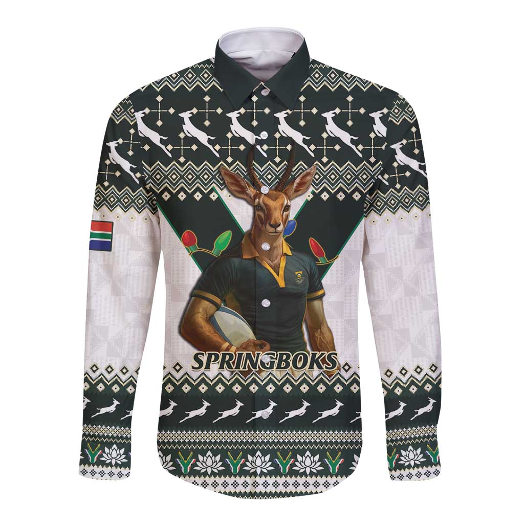 Christmas rugby button shirt with long sleeves, dark patterned front and antelope mascot graphic