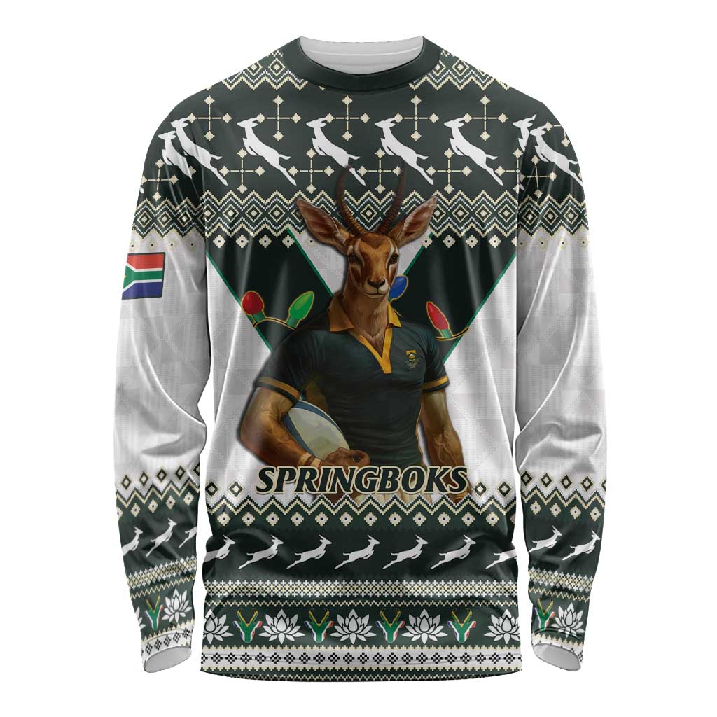 South Africa Christmas Rugby Long Sleeve Shirt Springboks Mascot Mix African Pattern - Wonder Print Shop