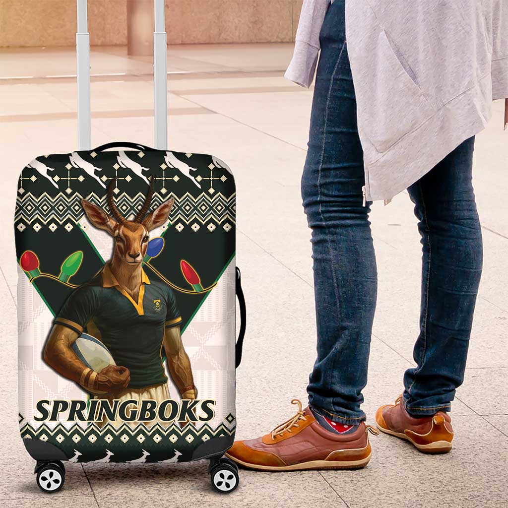 South Africa Christmas Rugby Luggage Cover Springboks Mascot Mix African Pattern - Wonder Print Shop