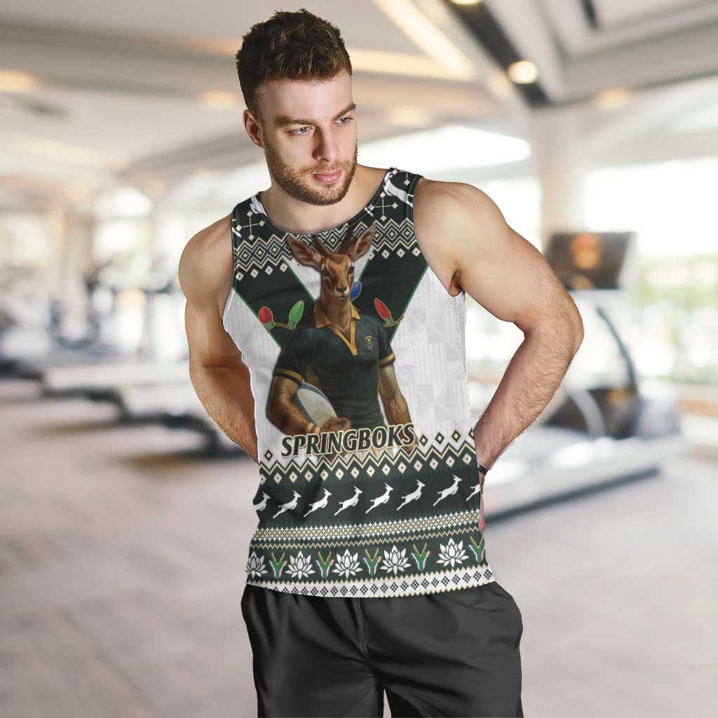 South Africa Christmas Rugby Men Tank Top Springboks Mascot Mix African Pattern - Wonder Print Shop