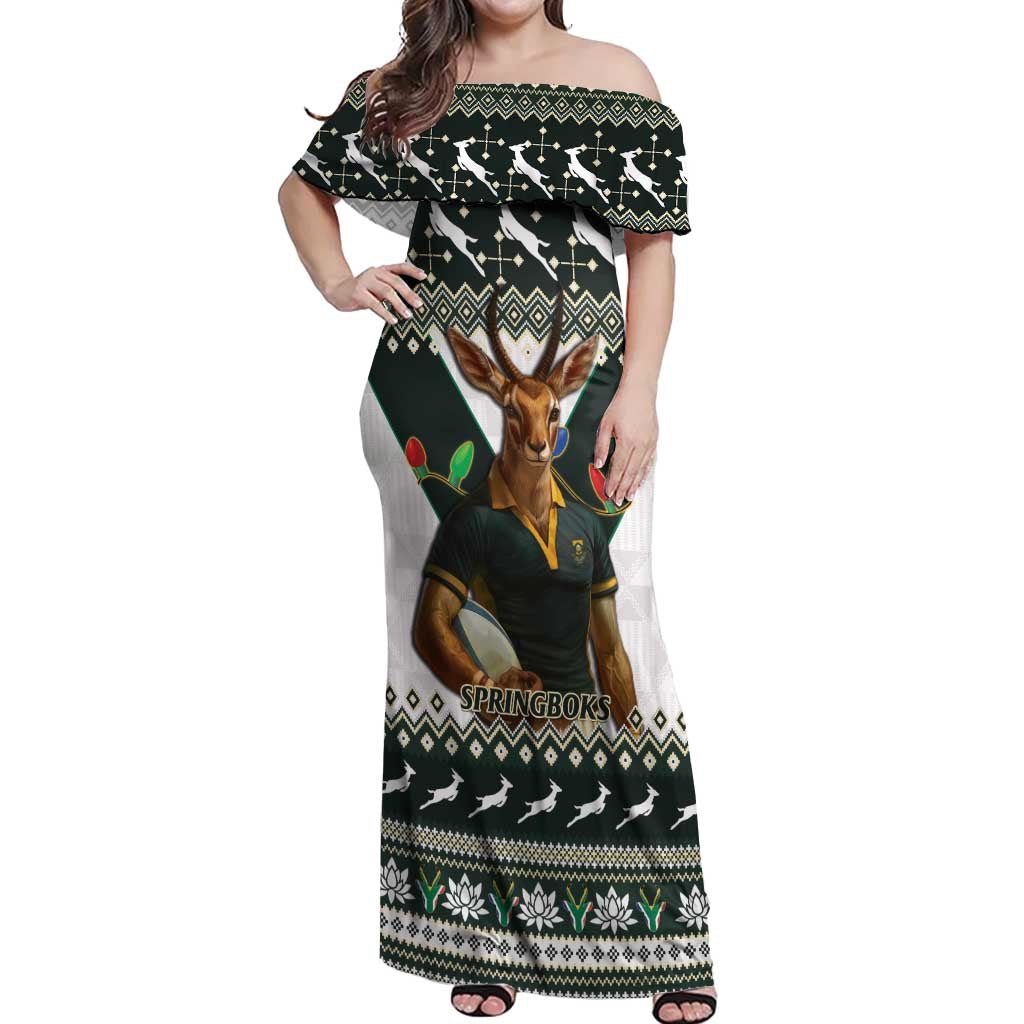 South Africa Christmas Rugby Off Shoulder Maxi Dress Springboks Mascot Mix African Pattern - Wonder Print Shop