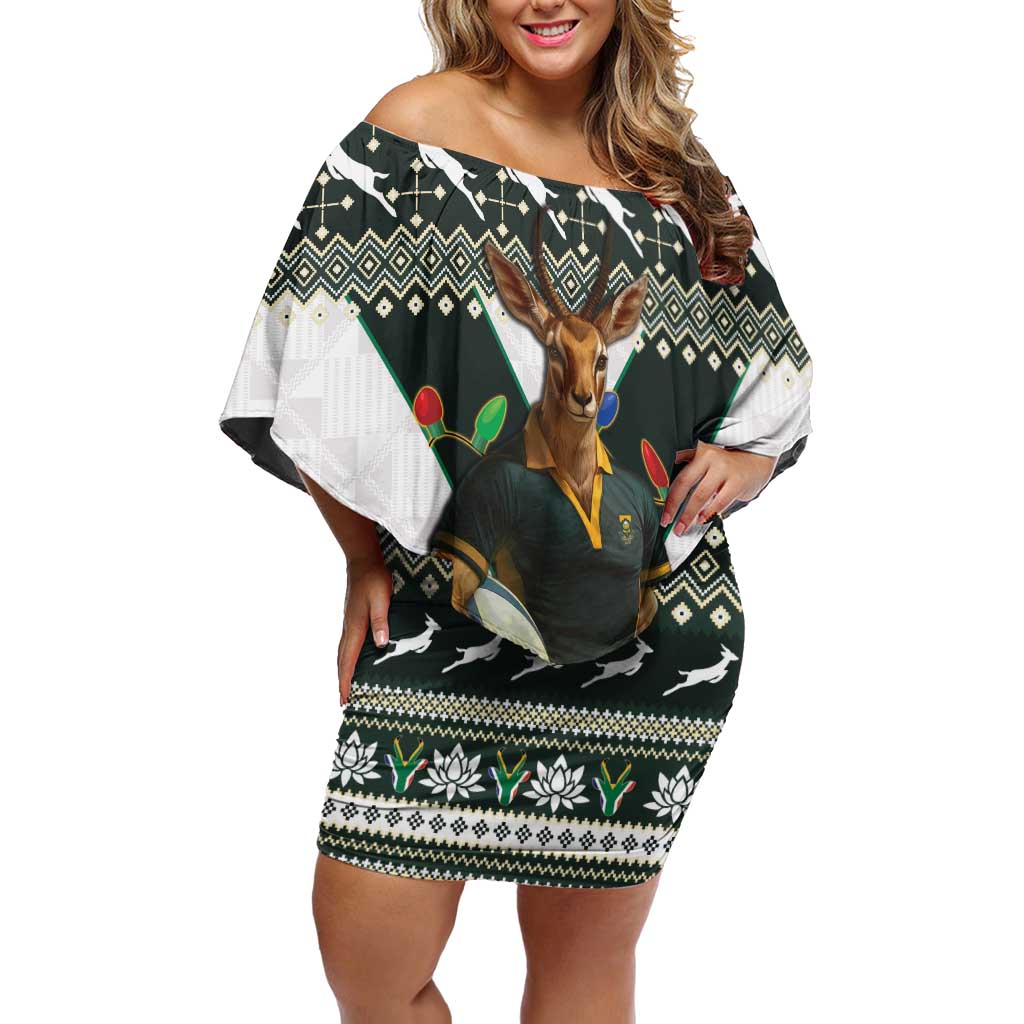 South Africa Christmas Rugby Off Shoulder Short Dress Springboks Mascot Mix African Pattern - Wonder Print Shop