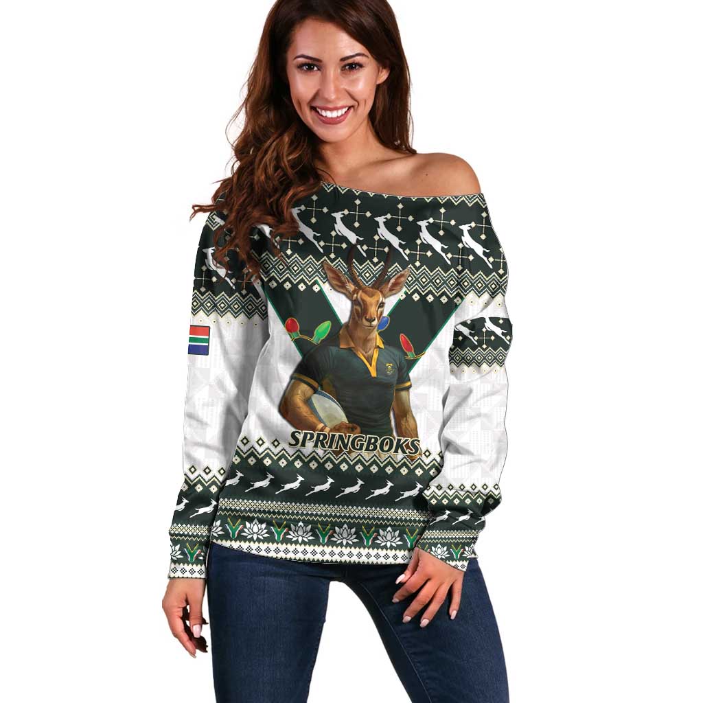 South Africa Christmas Rugby Off Shoulder Sweater Springboks Mascot Mix African Pattern - Wonder Print Shop