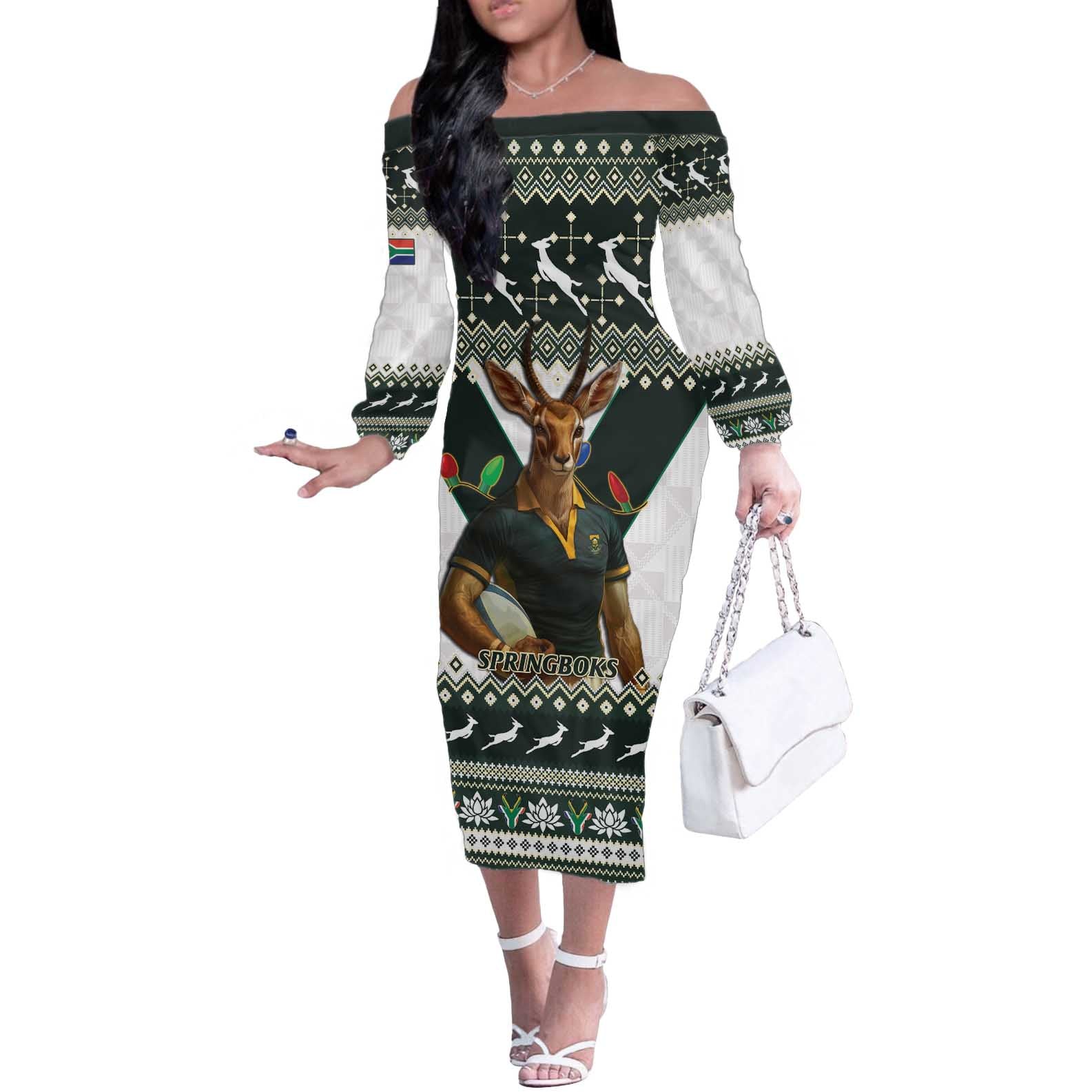 South Africa Christmas Rugby Off The Shoulder Long Sleeve Dress Springboks Mascot Mix African Pattern - Wonder Print Shop