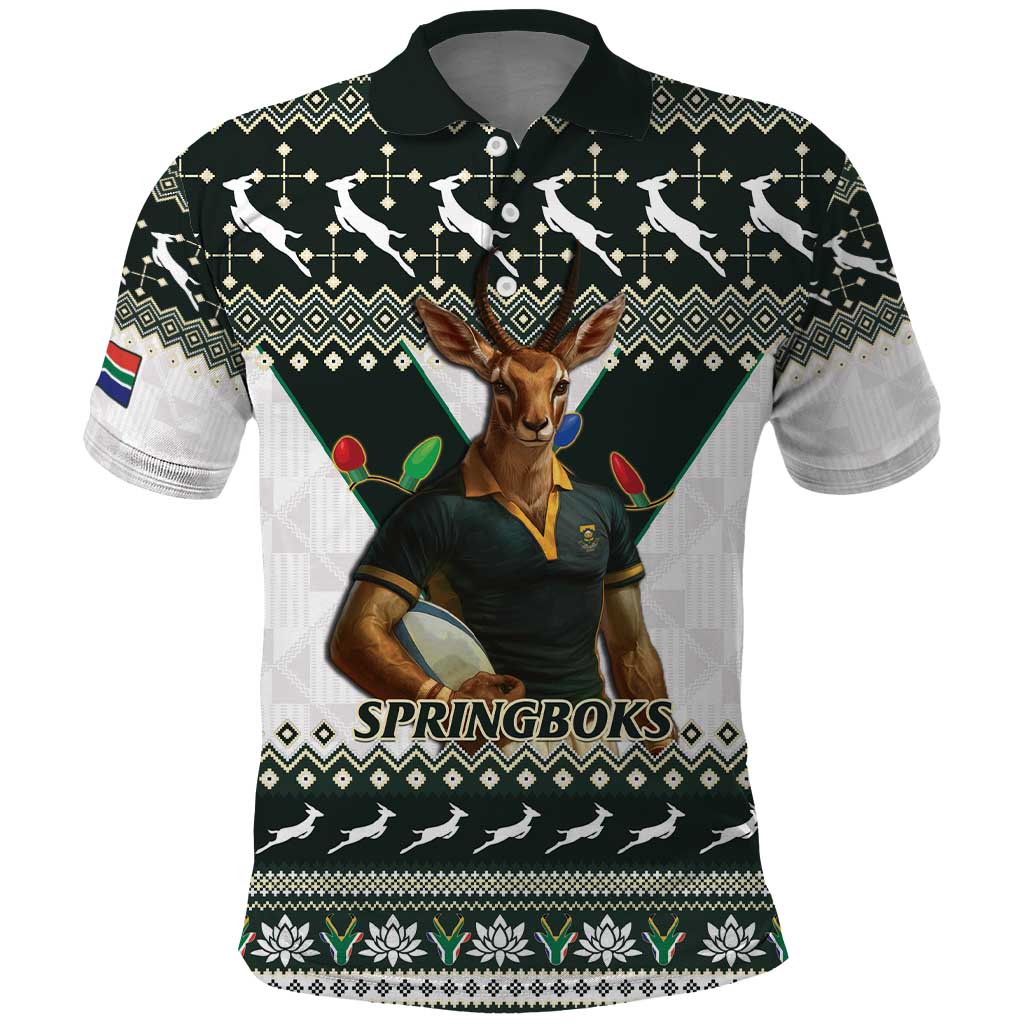 South Africa Christmas Rugby Polo Shirt Springboks Mascot Mix African Pattern - Wonder Print Shop