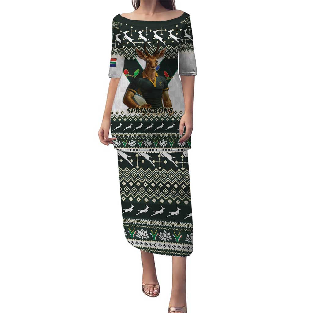 South Africa Christmas Rugby Puletasi Springboks Mascot Mix African Pattern - Wonder Print Shop