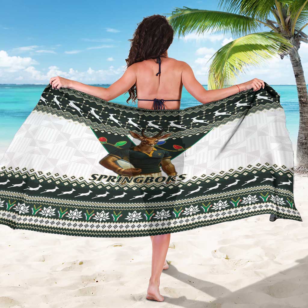 South Africa Springboks rugby sarong, dark green and white geometric pattern with large SPRINGBOKS text