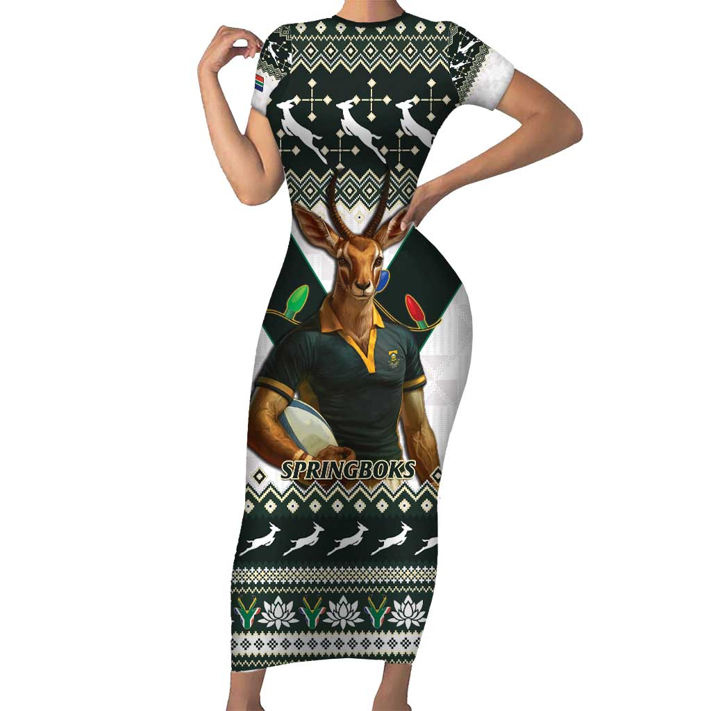 South Africa Christmas Rugby Short Sleeve Bodycon Dress Springboks Mascot Mix African Pattern - Wonder Print Shop