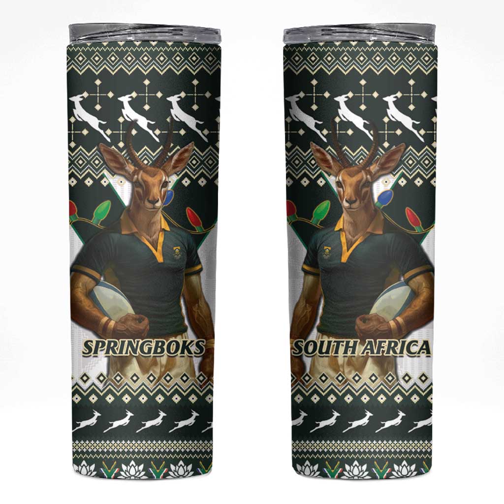 South Africa Christmas Rugby Skinny Tumbler Springboks Mascot Mix African Pattern