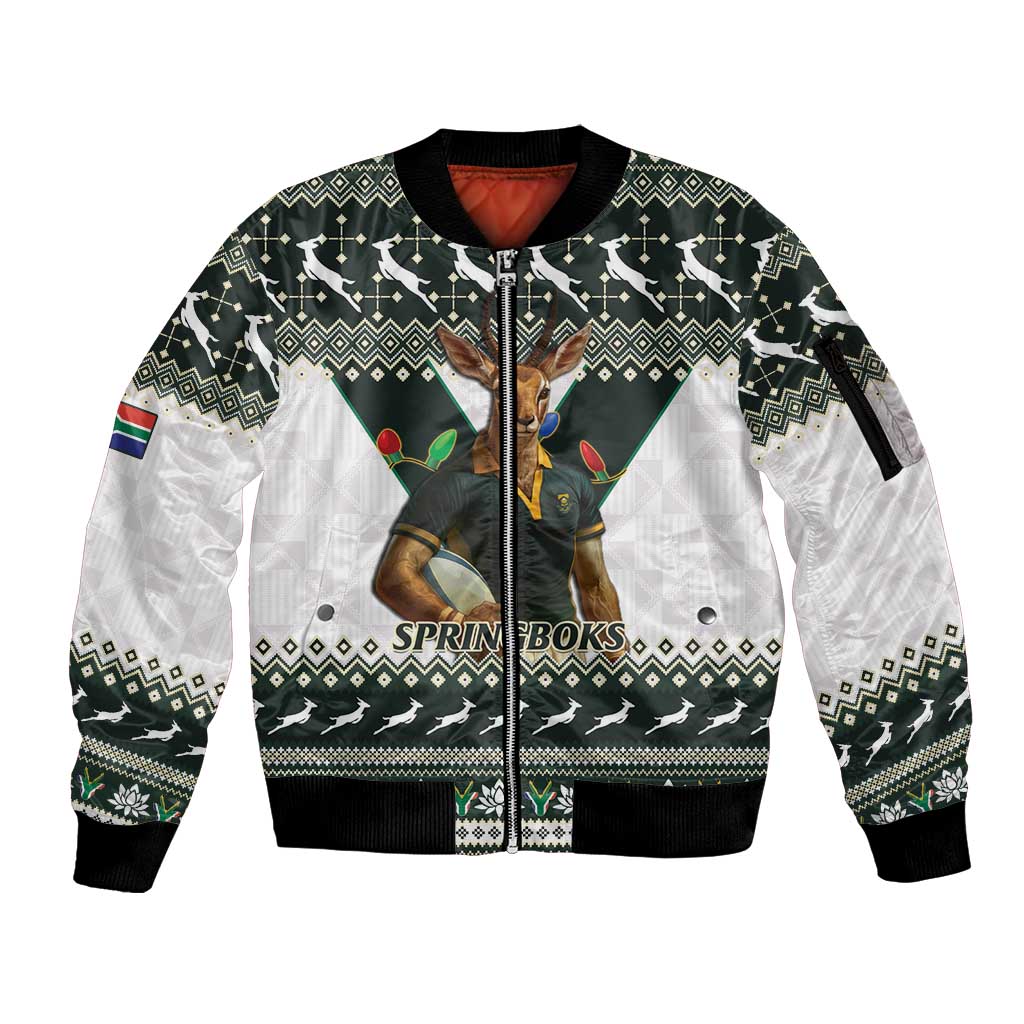 South Africa Christmas Rugby Sleeve Zip Bomber Jacket Springboks Mascot Mix African Pattern