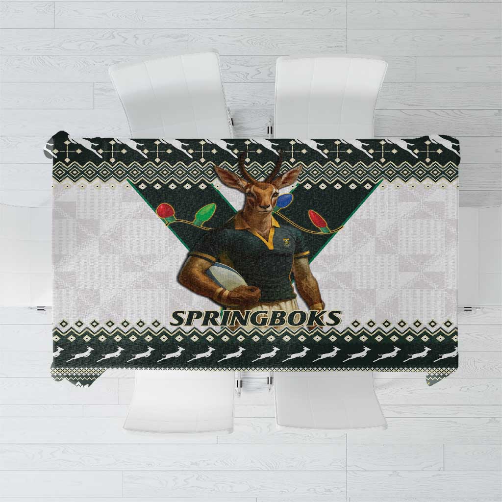 Springboks Christmas rugby tablecloth with antelope mascot and black, green, white design