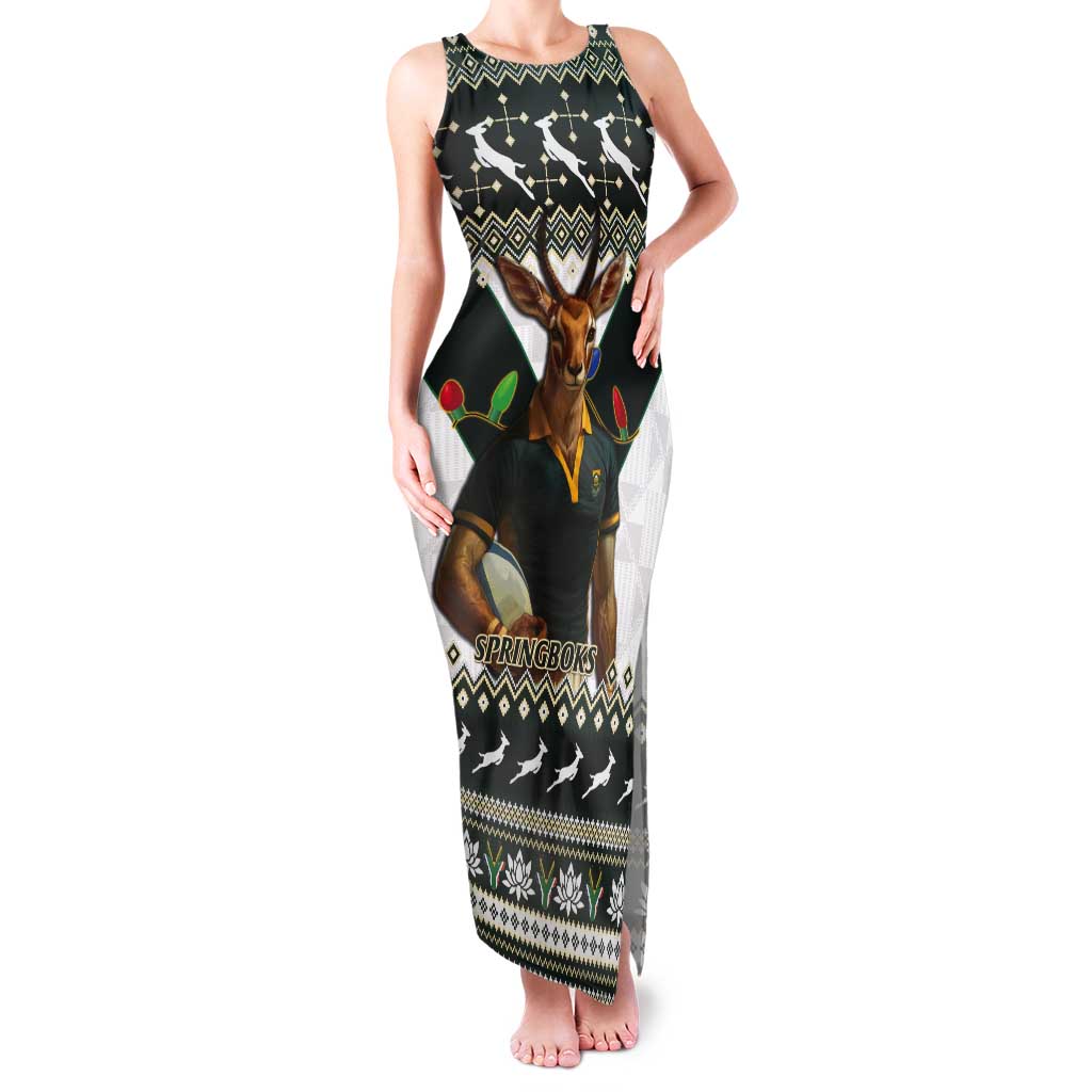 South Africa Christmas Rugby Tank Maxi Dress Springboks Mascot Mix African Pattern - Wonder Print Shop