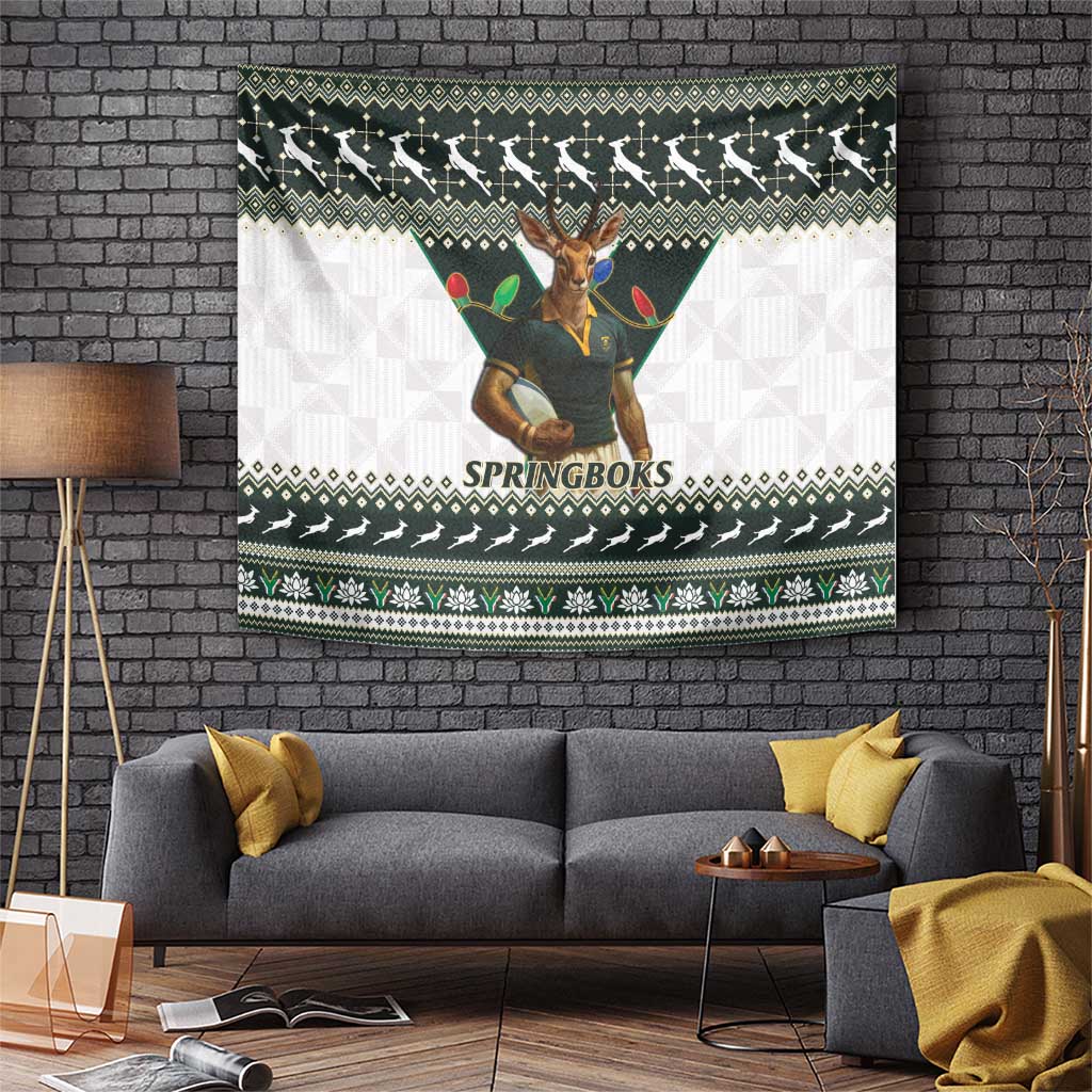 South Africa Christmas Rugby Tapestry Springboks Mascot Mix African Pattern