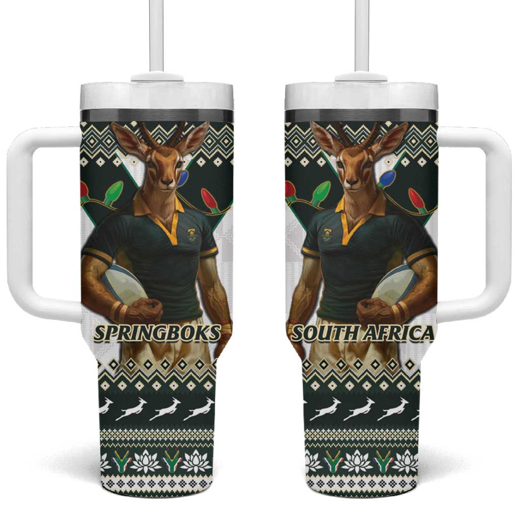 South Africa Christmas Rugby Tumbler With Handle Springboks Mascot Mix African Pattern