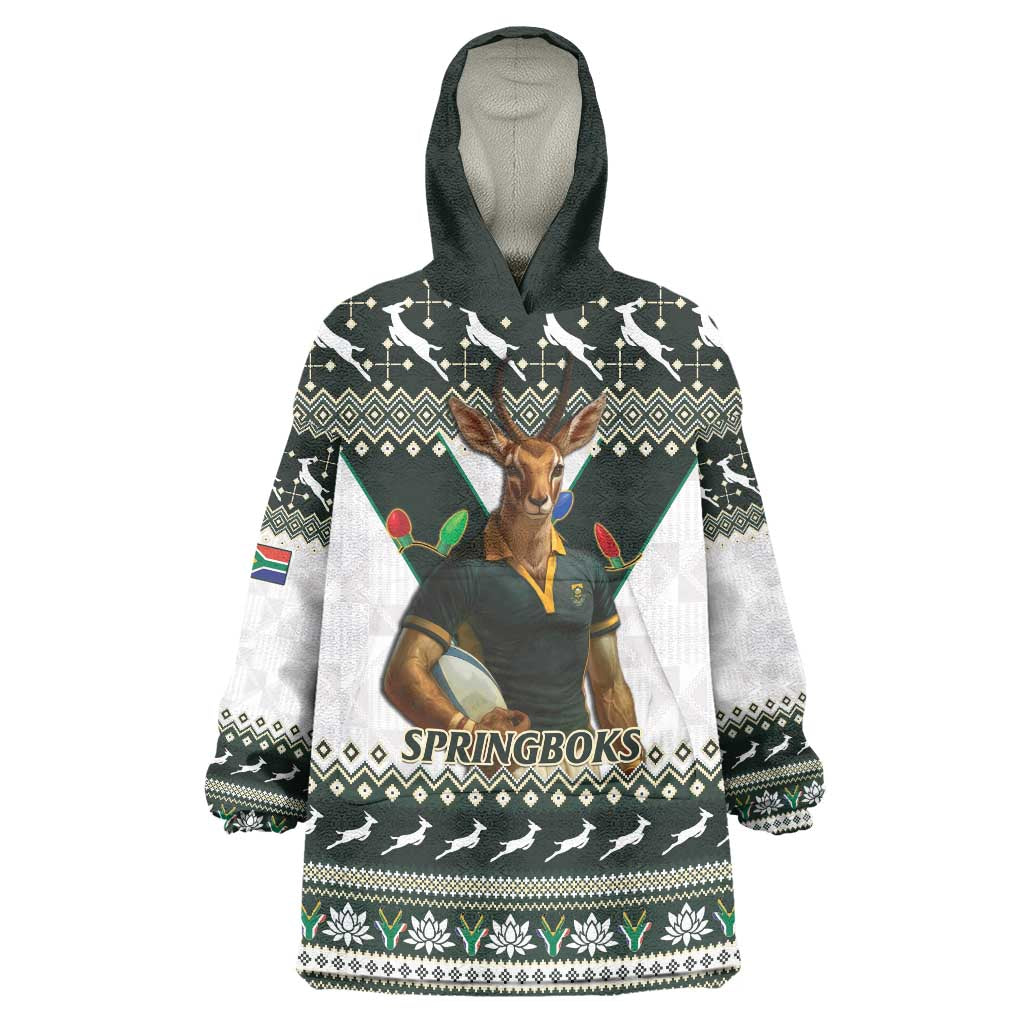 South Africa Christmas Rugby Wearable Blanket Hoodie Springboks Mascot Mix African Pattern