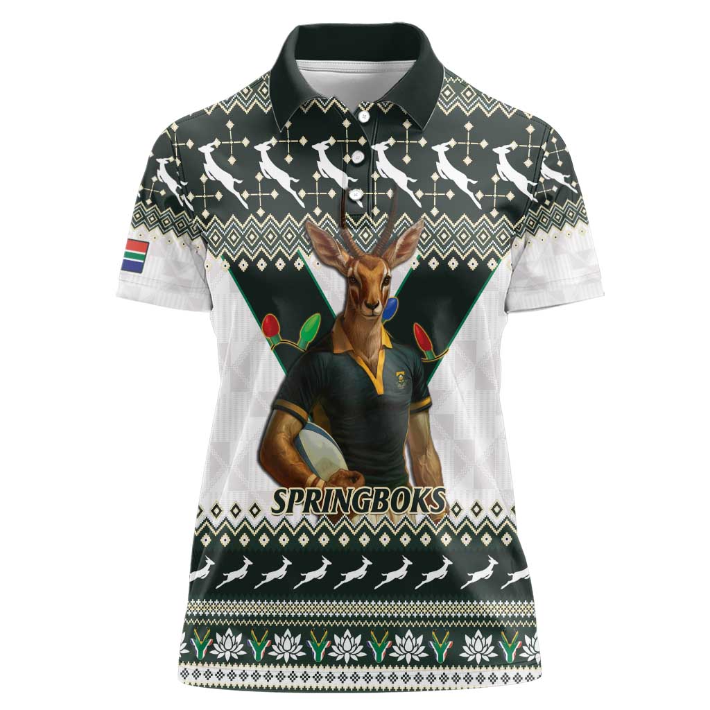 South Africa Christmas Rugby Women Polo Shirt Springboks Mascot Mix African Pattern