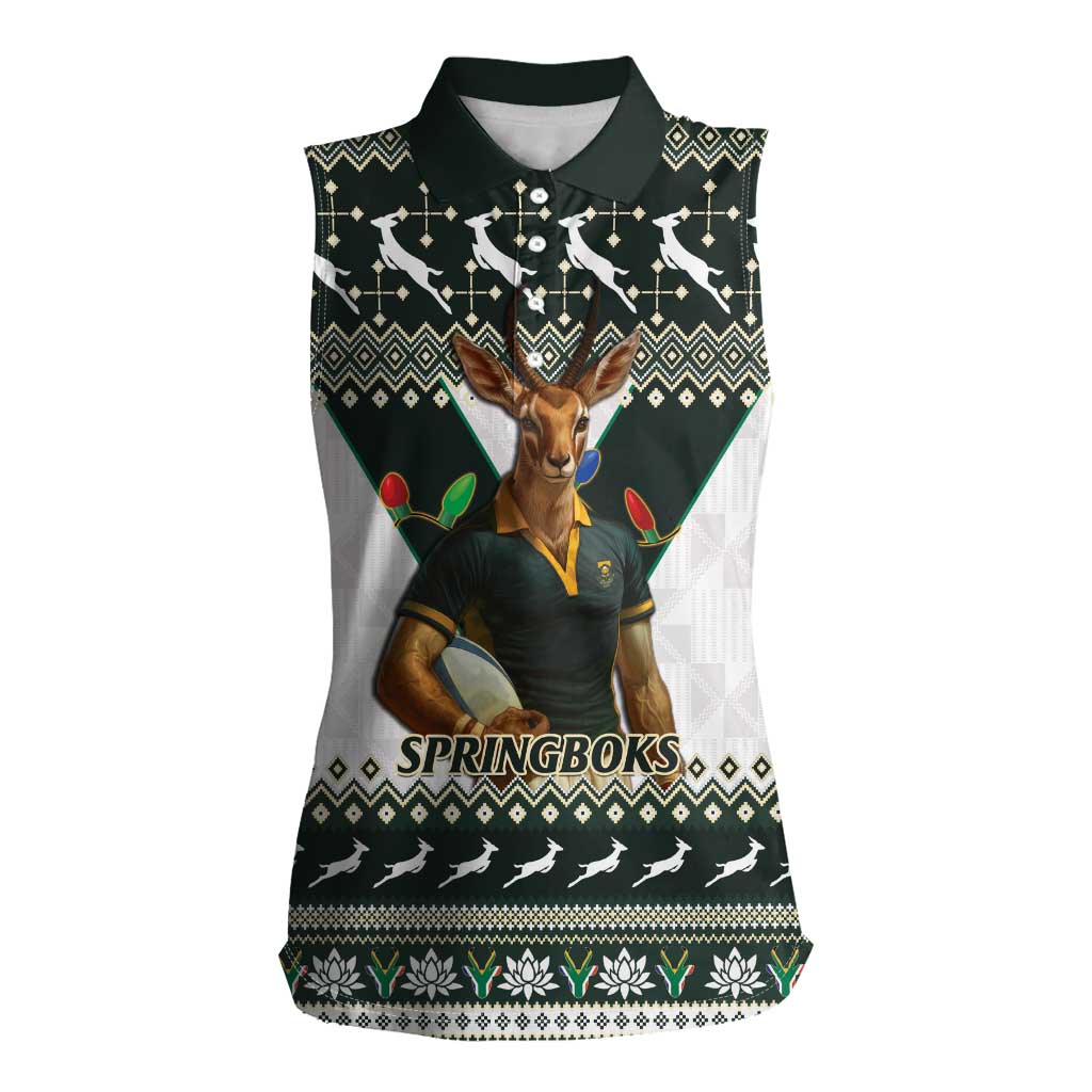 South Africa Christmas Rugby Women Sleeveless Polo Shirt Springboks Mascot Mix African Pattern