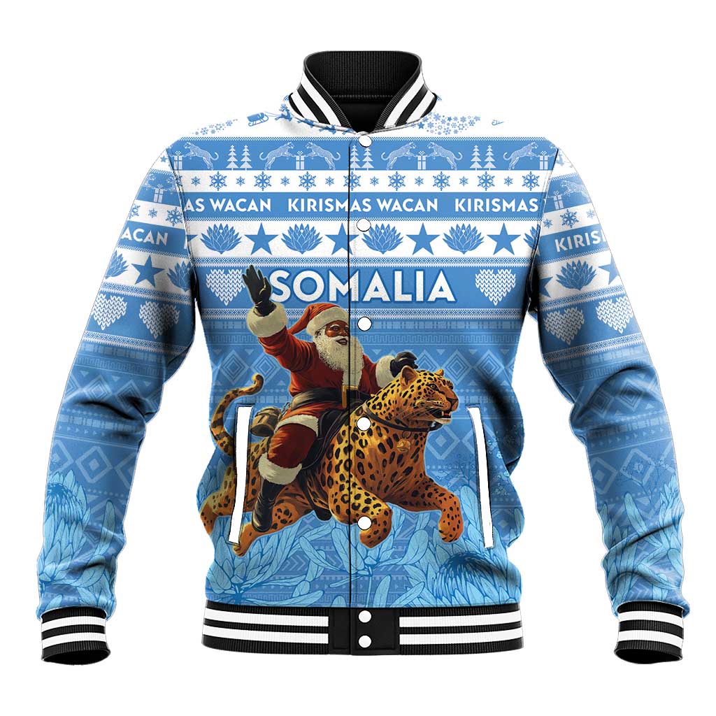 Blue baseball jacket with ribbed black collar and cuffs, front holiday graphic and Santa rider