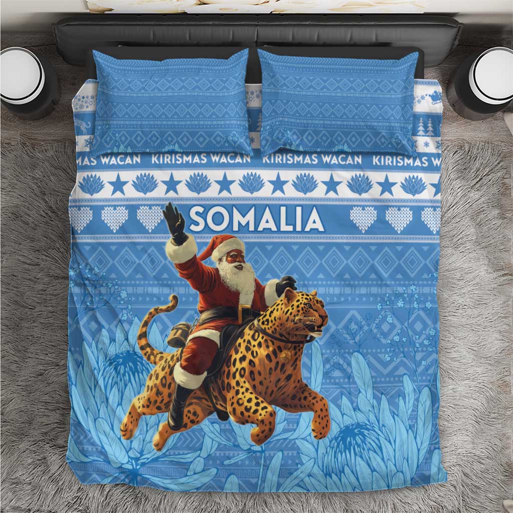 Blue Christmas bedding set with “SOMALIA” text; Santa rides a leopard on the duvet