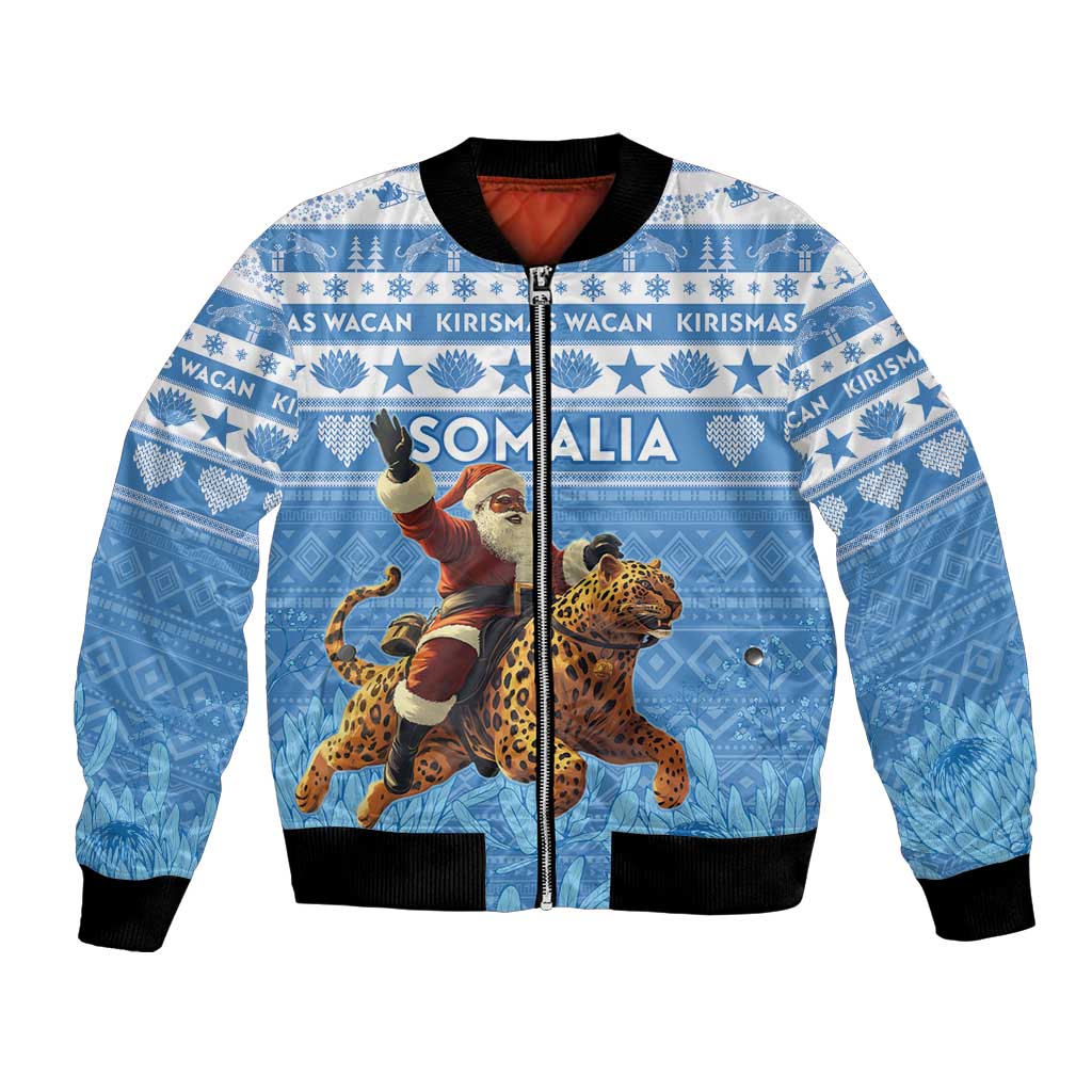 Personalised Somalia Christmas Bomber Jacket Black Santa Riding Leopard Kirismas Wacan - Wonder Print Shop