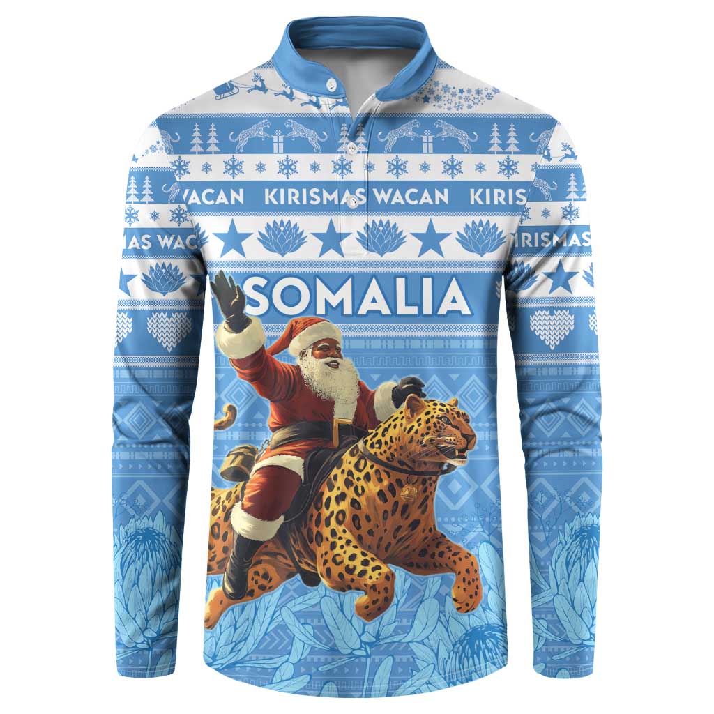 Personalised Somalia Christmas Button Sweatshirt Black Santa Riding Leopard Kirismas Wacan - Wonder Print Shop