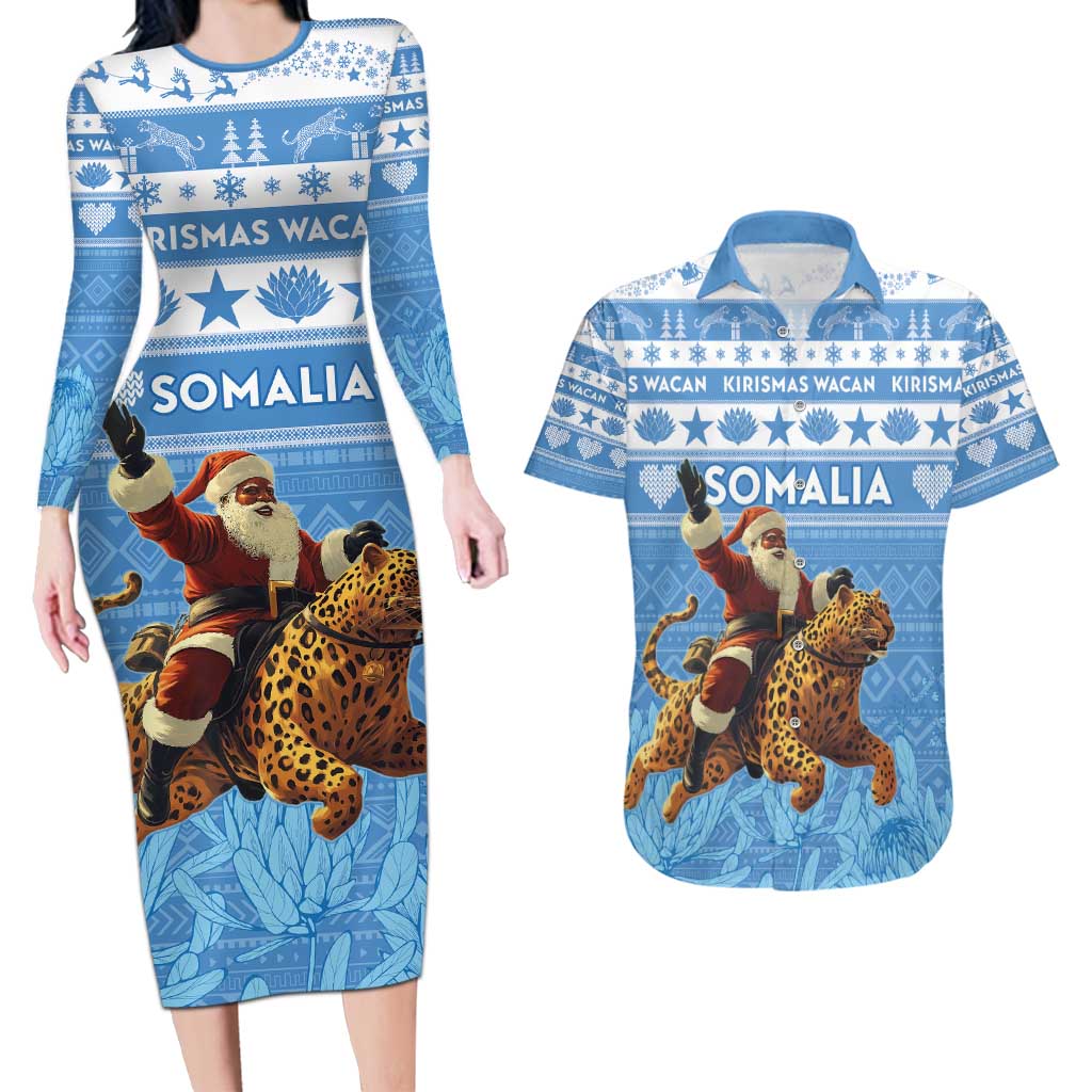 Personalised Somalia Christmas Couples Matching Long Sleeve Bodycon Dress and Hawaiian Shirt Black Santa Riding Leopard Kirismas Wacan - Wonder Print Shop