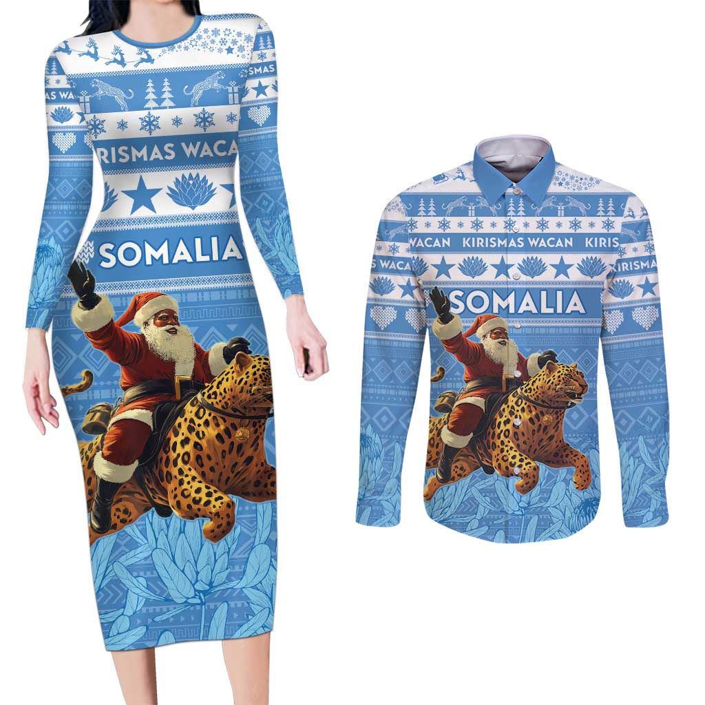 Personalised Somalia Christmas Couples Matching Long Sleeve Bodycon Dress and Long Sleeve Button Shirt Black Santa Riding Leopard Kirismas Wacan - Wonder Print Shop