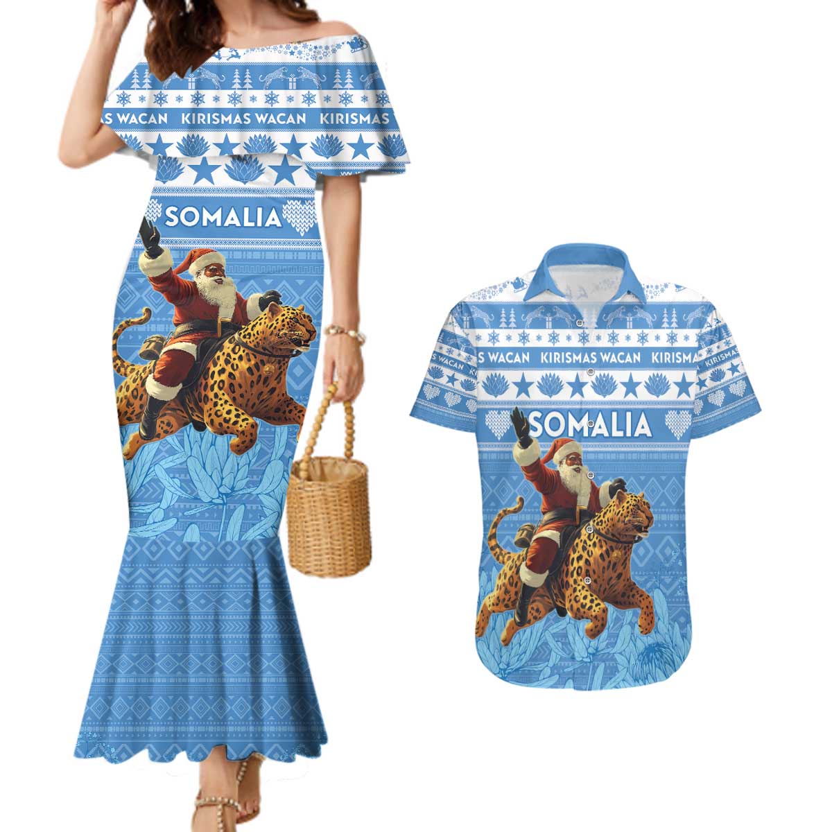 Personalised Somalia Christmas Couples Matching Mermaid Dress and Hawaiian Shirt Black Santa Riding Leopard Kirismas Wacan - Wonder Print Shop