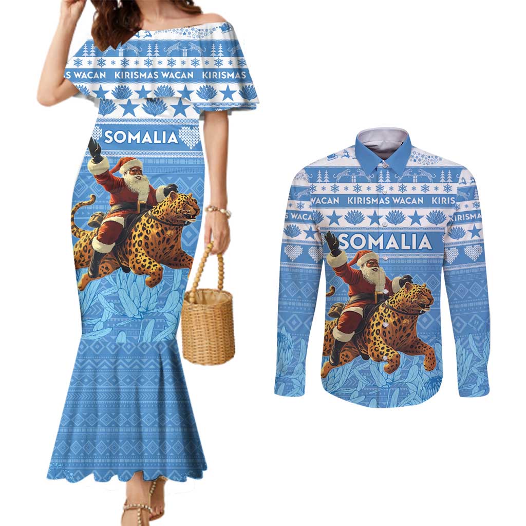 Personalised Somalia Christmas Couples Matching Mermaid Dress and Long Sleeve Button Shirt Black Santa Riding Leopard Kirismas Wacan