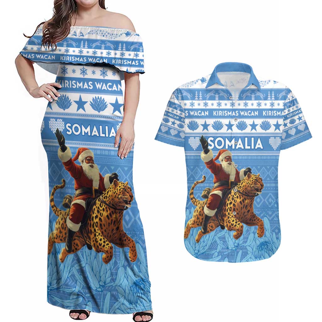 Personalised Somalia Christmas Couples Matching Off Shoulder Maxi Dress and Hawaiian Shirt Black Santa Riding Leopard Kirismas Wacan - Wonder Print Shop