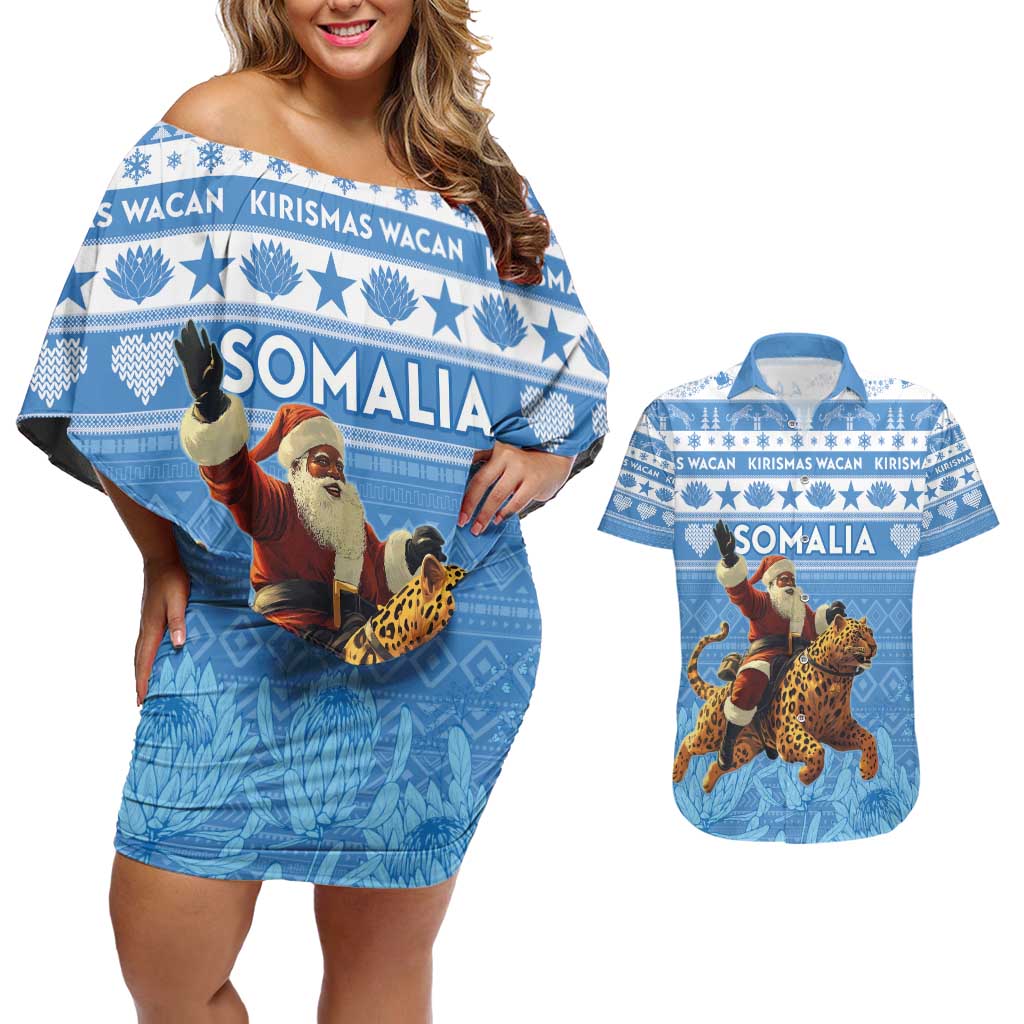 Personalised Somalia Christmas Couples Matching Off Shoulder Short Dress and Hawaiian Shirt Black Santa Riding Leopard Kirismas Wacan - Wonder Print Shop