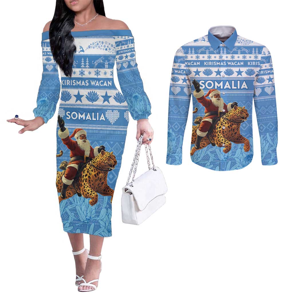 Personalised Somalia Christmas Couples Matching Off The Shoulder Long Sleeve Dress and Long Sleeve Button Shirt Black Santa Riding Leopard Kirismas Wacan