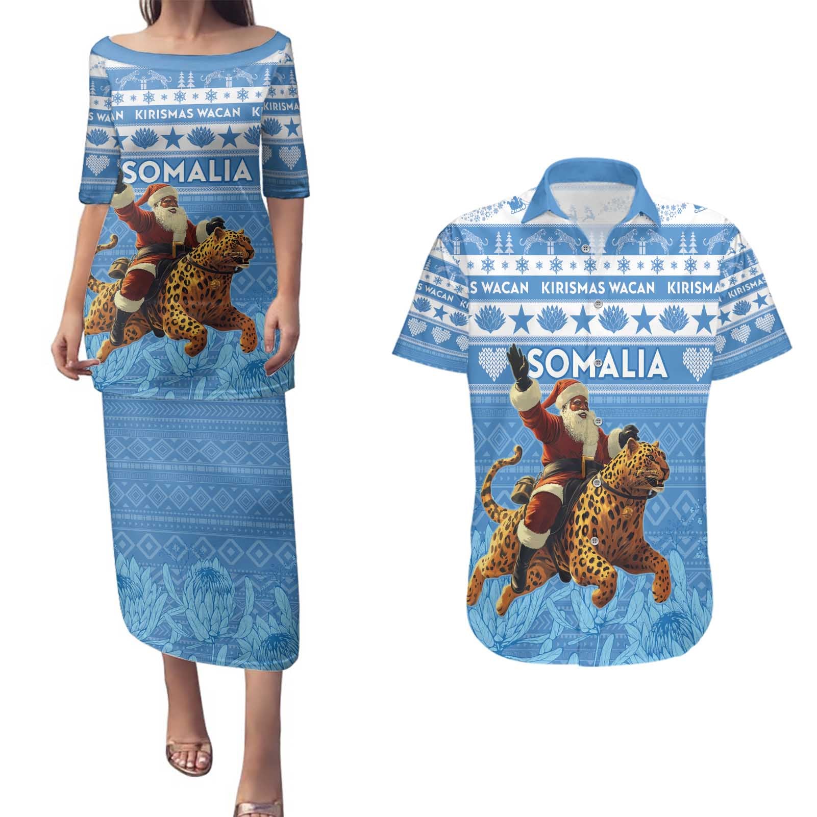 Personalised Somalia Christmas Couples Matching Puletasi and Hawaiian Shirt Black Santa Riding Leopard Kirismas Wacan - Wonder Print Shop