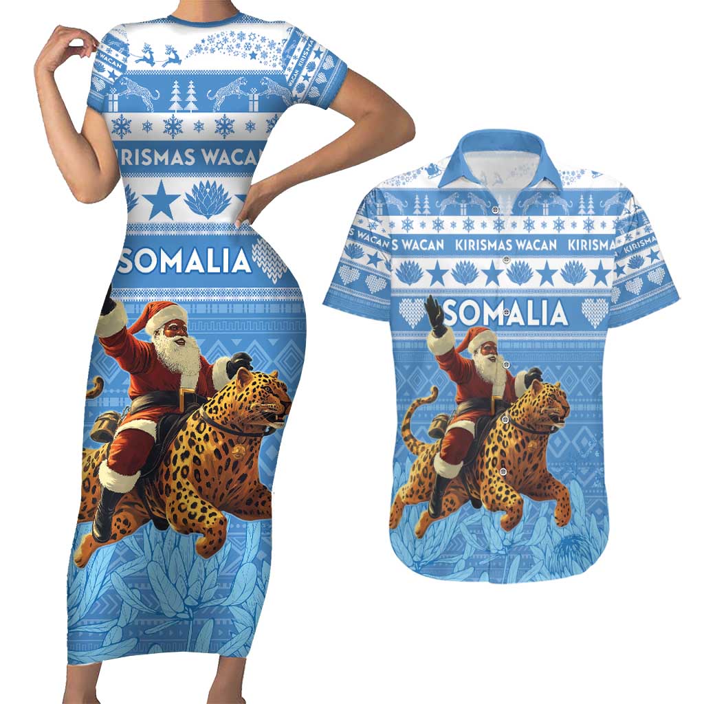 Personalised Somalia Christmas Couples Matching Short Sleeve Bodycon Dress and Hawaiian Shirt Black Santa Riding Leopard Kirismas Wacan - Wonder Print Shop