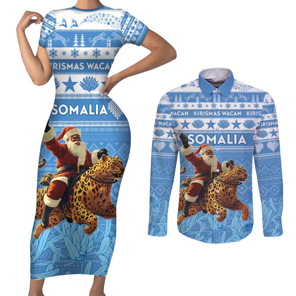 Personalised Somalia Christmas Couples Matching Short Sleeve Bodycon Dress and Long Sleeve Button Shirt Black Santa Riding Leopard Kirismas Wacan - Wonder Print Shop