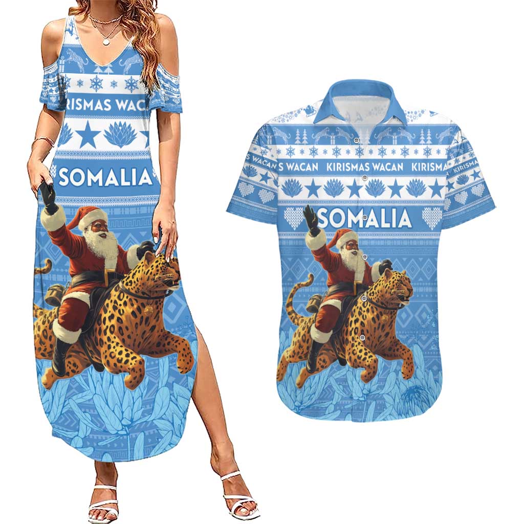 Personalised Somalia Christmas Couples Matching Summer Maxi Dress and Hawaiian Shirt Black Santa Riding Leopard Kirismas Wacan - Wonder Print Shop