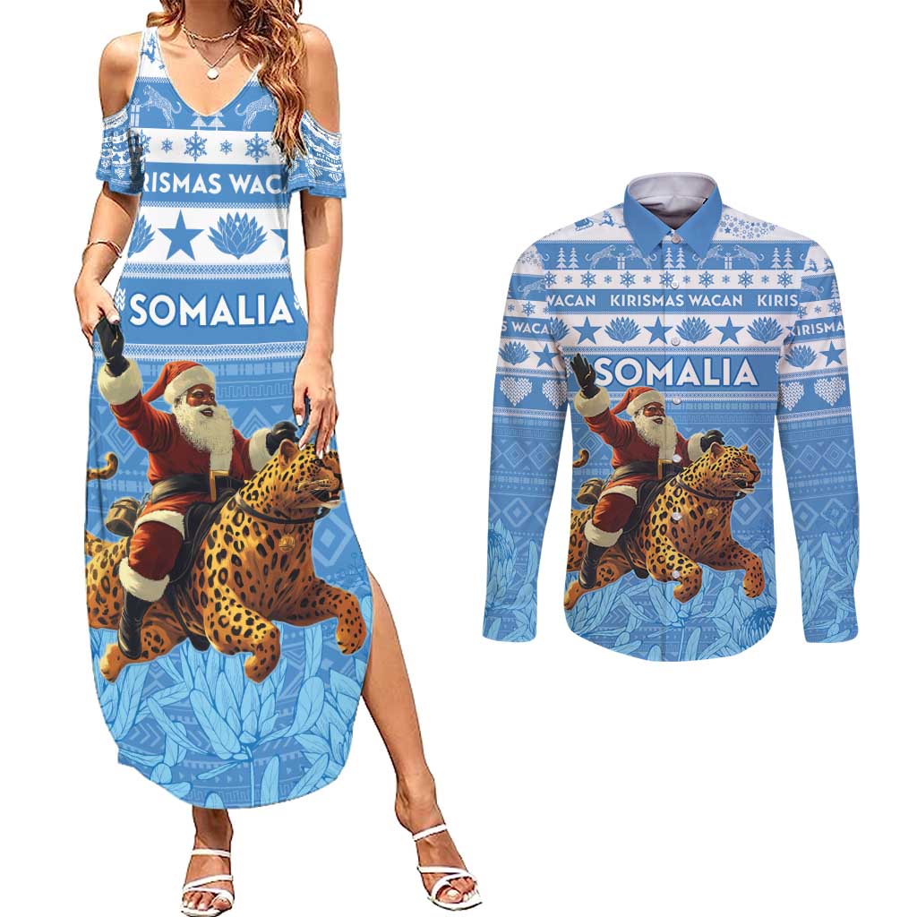 Personalised Somalia Christmas Couples Matching Summer Maxi Dress and Long Sleeve Button Shirt Black Santa Riding Leopard Kirismas Wacan - Wonder Print Shop