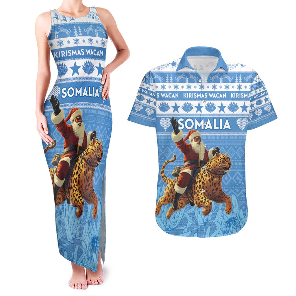 Personalised Somalia Christmas Couples Matching Tank Maxi Dress and Hawaiian Shirt Black Santa Riding Leopard Kirismas Wacan - Wonder Print Shop