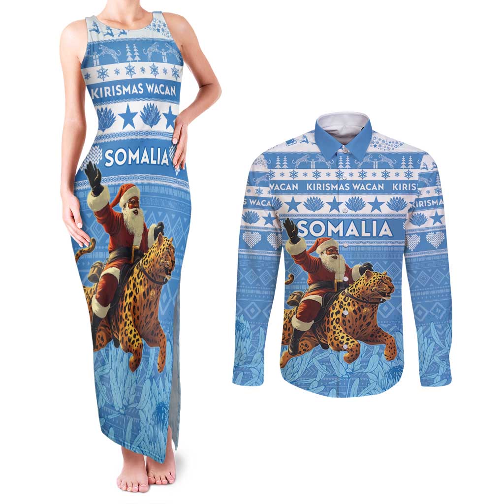 Personalised Somalia Christmas Couples Matching Tank Maxi Dress and Long Sleeve Button Shirt Black Santa Riding Leopard Kirismas Wacan - Wonder Print Shop