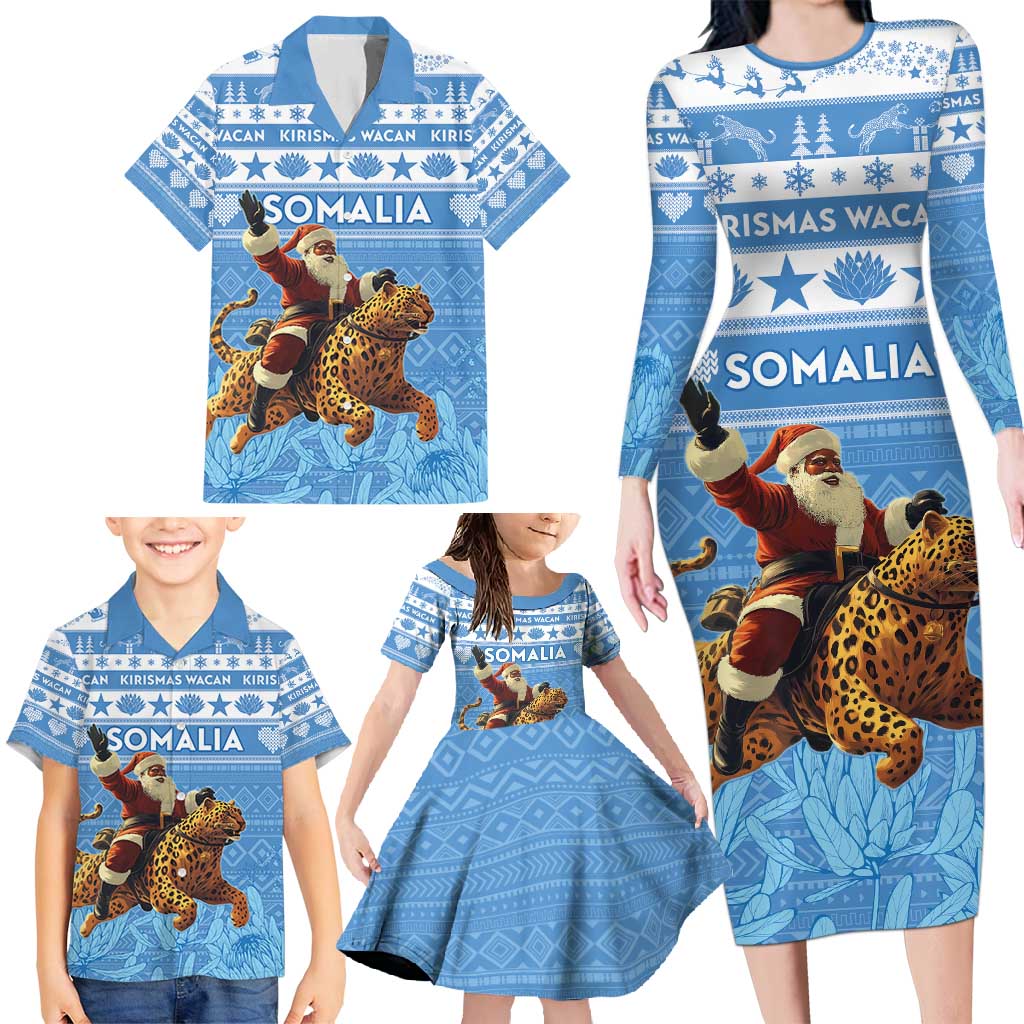 Personalised Somalia Christmas Family Matching Long Sleeve Bodycon Dress and Hawaiian Shirt Black Santa Riding Leopard Kirismas Wacan - Wonder Print Shop