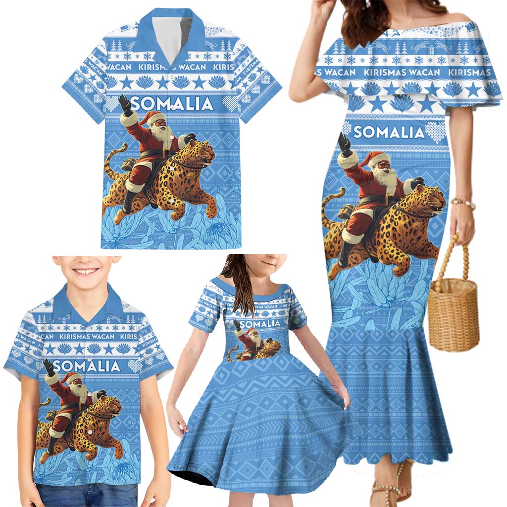 Personalised Somalia Christmas Family Matching Mermaid Dress and Hawaiian Shirt Black Santa Riding Leopard Kirismas Wacan - Wonder Print Shop